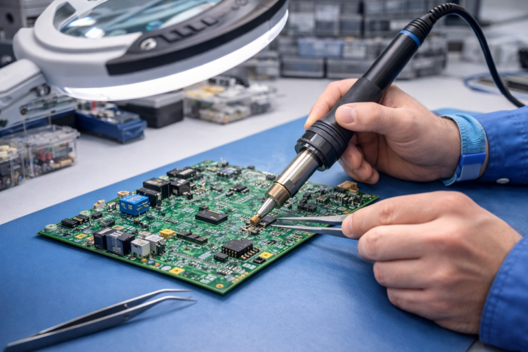 Reparatur und Bauteiltausch an elektronischer Leiterplatte mit Lötstation